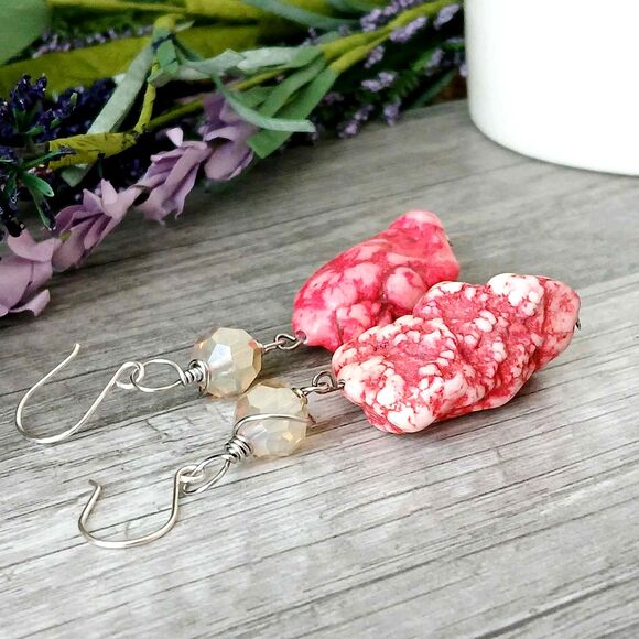 Large Boho Style Howlite Dangle Earrings, Neon Pink, Boho Chic, Statement - Picture 6 of 6